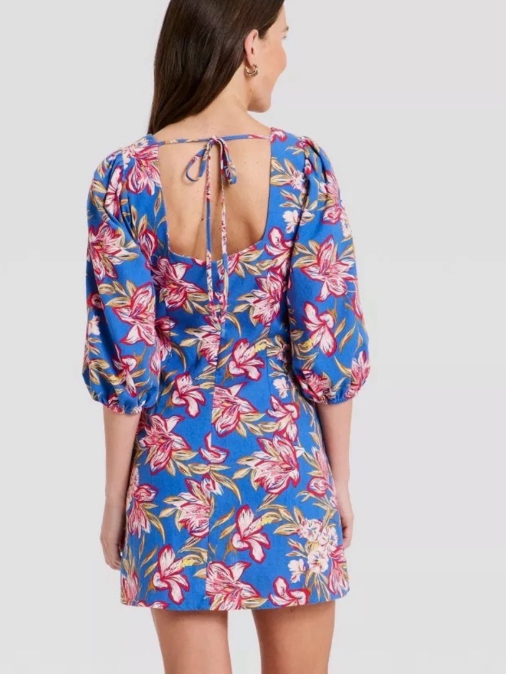 a new day NWT S Blue Floral Square-Neck Tie back linen blend Mini Dress - Picture 2 of 5